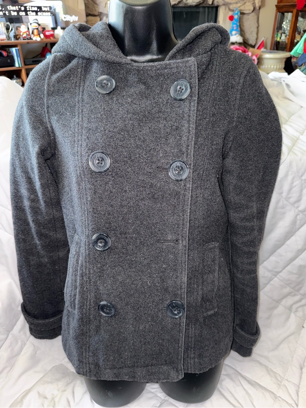 Aéropostale Charcoal Grey Hooded Wool Blend Peacoat
